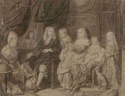 DUTCH, 17/18TH CENTURY Painter carrying out a family portrait. Graphite and brush in grey. On wove paper with watermark BLAUW 24.7 x 32.2 cm.