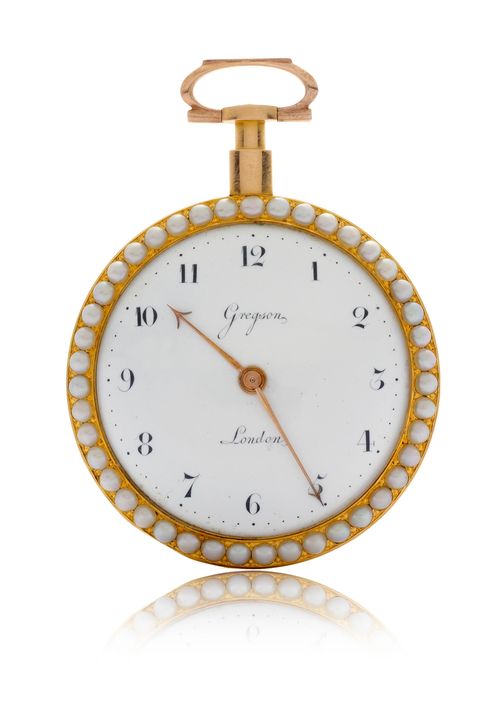 GREGSON, GOLD AND ENAMEL POCKET WATCH WITH VIRGULE ESCAPEMENT, ca. 1830.