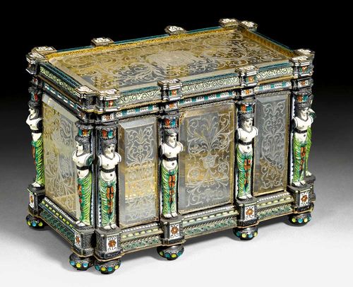 DECORATIVE BOX,Renaissance style, Austria, end of the 19th century Cut and engraved glass with painted enamel. 17x10x12 cm. Provenance: from an important German private collection.