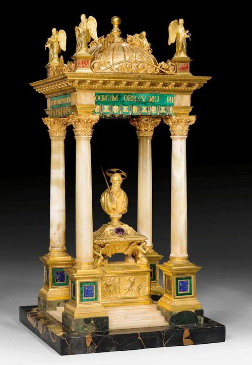 MINIATURE TEMPLE-SHAPED TOMB TO SAINT PAUL,Late Baroque, Rome , 18th/19th century White/grey and "Portor" marble, alabaster, lapis lazuli and malachite, as well as matte and polished gilt bronze. With corner figures and text "Tu es vas electionis, Sancte Paule Apostole, praedicator veritatis in universo mundo",  set on a stepped plinth with broad base and central sarcophagus with bust. 27x27x44 cm. Provenance: from a Belgian private collection.