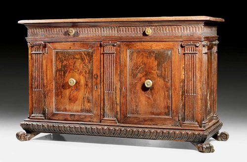 CREDENZA,Renaissance, probably  Tuscany , 17th century Shaped, fluted and carved walnut credenza with paw feet. The architectural style front with pilasters, double doors and drawers. Bronze knobs. Some heavy restorations. 195x70x115 cm. Provenance: from a German collection.