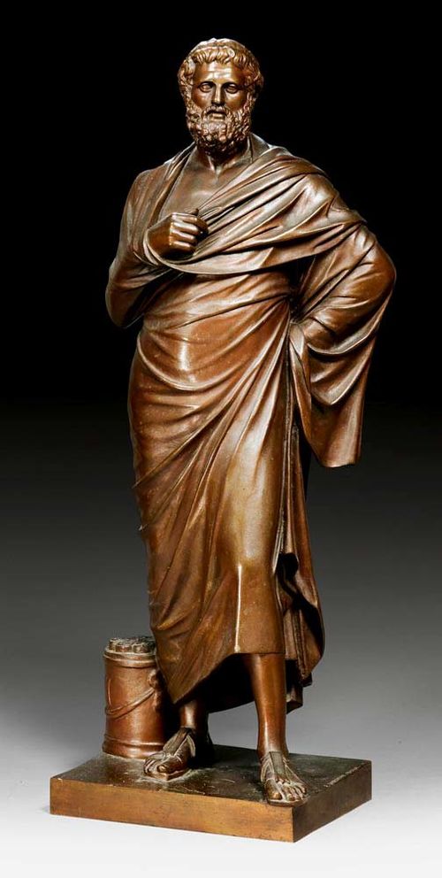 BURNISHED BRONZE FIGURE OF A PHILOSOPHER,signed and inscribed F. BARBEDIENNE FONDEUR (Ferdinand Barbedienne, 1810-1892), France, 19th century H 64 cm. Provenance: Swiss private collection.