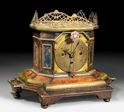 TABLE CLOCK WITH PENDULUM,Renaissance, the movement signed MATHIAS POLLINGER A KELLHEIM (active  17th century ), Germany , 17th century Finely inlaid with brown tortoiseshell and mother of pearl. The clock with bronze dial and brass movement striking the 4 quarter hours on 3 bells. Requires restoration, the bells missing. 28x21x22 cm. Provenance: from an important German private collection.