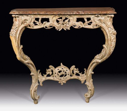 PAINTED CONSOLE,Louis XV, Würzburg circa 1750. Pierced and richly carved wood painted in grey. The shaped top painted "en faux marbre. Requires restoration . 87x50x74 cm. Provenance: - Galerie Almas, Munich . - from an important German private collection.