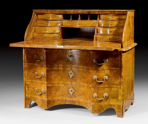 BUREAU,Baroque, workshop of M. FUNK (Mathäus Funk, 1697-1783), Bern circa 1745. Walnut and burlwood veneer finely inlaid with reserves. The fall-front writing surface over 3 sharply recessed drawers, the fitted interior with central compartment under large drawer, a sliding ledge, compartments and further drawers. With gilt bronze mounts and drop handles. 114x60x(open  85)x112 cm. Provenance: Swiss private collection.