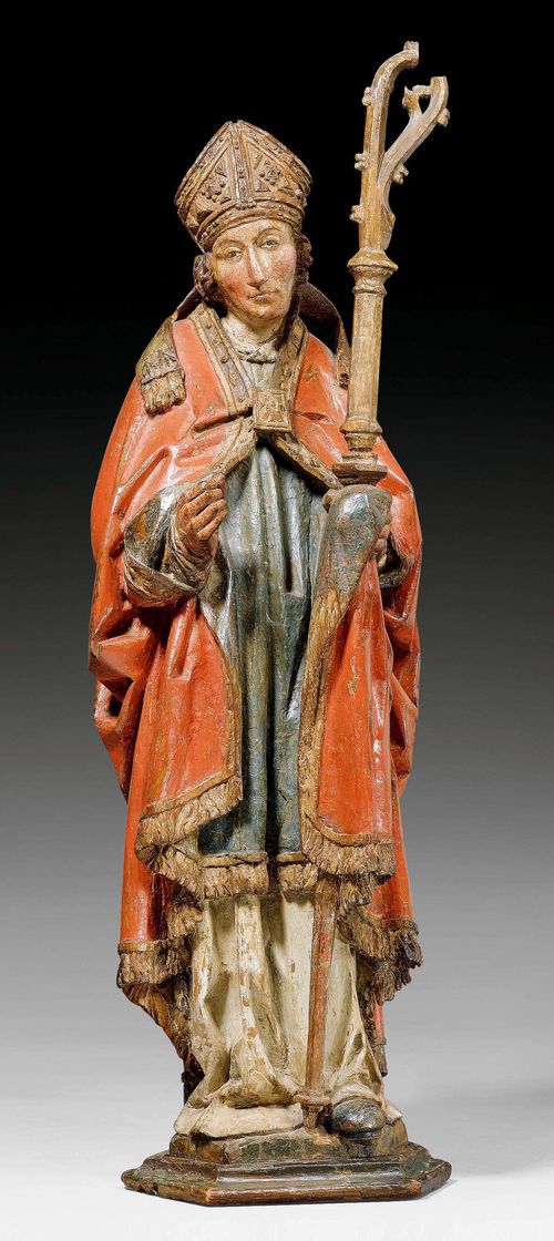 HOLY BISHOP,Gothic, Brussels, circa 1500. Oak carved full round and with old painting. H 75 cm. Staff slightly incomplete, the attribute missing in right hand.