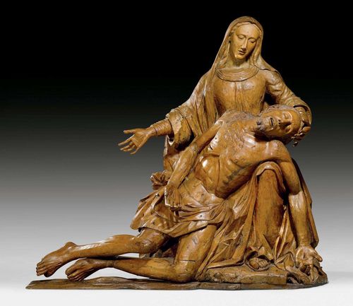 MONUMENTAL PIETA,Renaissance, in the style of Niccolo dell'Arca, Italy, early 16th century. Carved limewood, verso hollowed. 156, H 140 cm. Formerly painted, old repairs and small alterations. Jesus' right toe missing. Mary's face heavily cleaned.