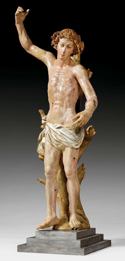 SAINT SEBASTIAN,South German, 16th century. Wood carved full round and painted. H without later base 92 cm. Fingers partly replaced.