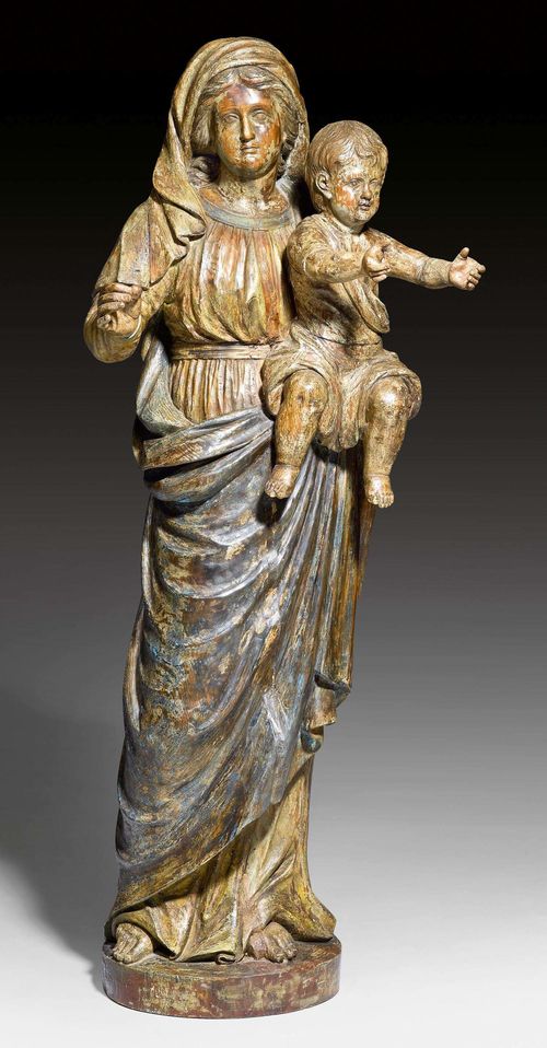 MADONNA WITH CHILD,Savoy, circa 1700. Wood carved full round, with remains of painting. H 118 cm.