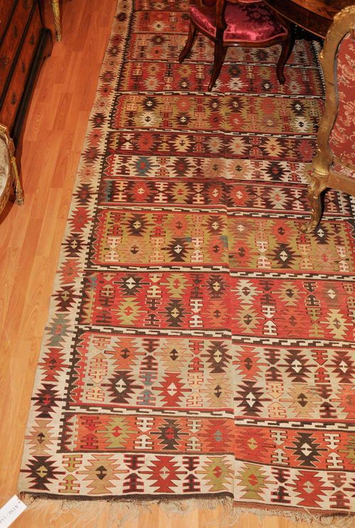 KILIM ANATOLIAN old.Horizontally striped central field with colourful, star-shaped motifs, white border, slight wear, 140x360 cm.