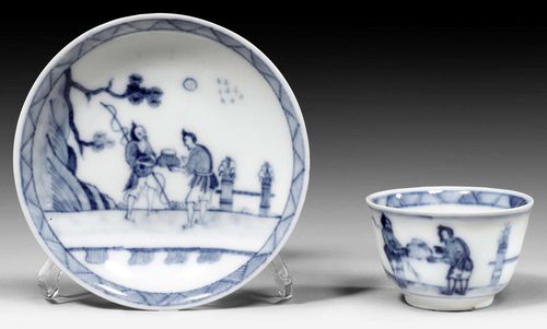 SMALL CUP AND SAUCER WITH ORIENTAL DESIGN IN BLUE, MEISSEN, CIRCA 1740-50With figural scenes of Chinese fishermen. Underglaze blue sword mark and v. D 5.5cm, 9.5cm.