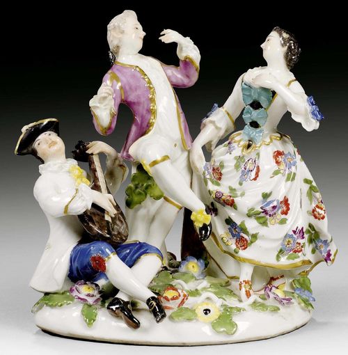 RARE DANCING GROUP, MEISSEN, CIRCA 1745.Model by J.J.Kändler. Couple dancing with musician playing a lute. Old inventory number 'No. 220' in iron red on the underside of the plinth, impressed mark. H 13.3cm. Small chips, the neck of the male dancer repaired, the tree stump with remains of old restoration. Provenance: - Private collection, Hamburg. - Via inheritance to a private collection in South Germany