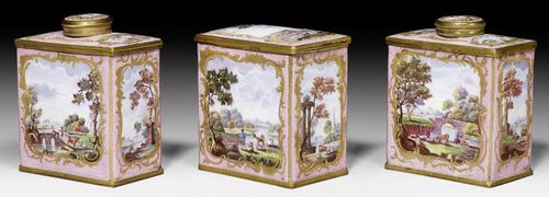 THREE ENAMEL TEA CADDIES, ENGLAND, STAFFORDSHIRE, CIRCA 1770.Each with gilt metal mount, two caddies with removable lid, one with hinged lid, painted on all sides with English figural landscape scenes set in a raised rocaille cartouche on pink ground with white dots. H 8.5 and 9.5cm. Knob of one lid formerly glued and now loose, minor hair cracks and repairs. (3)