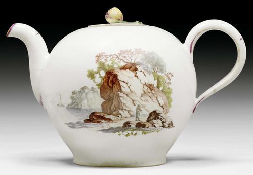 TEAPOT AND LID, ZURICH, CIRCA 1770.Spherical form, painted on both sides with figural landscape vignette, the lid with small landscape band, gold edges. Black Z mark and scratched /. Very minor chip on the finial and on the rim of the lid.