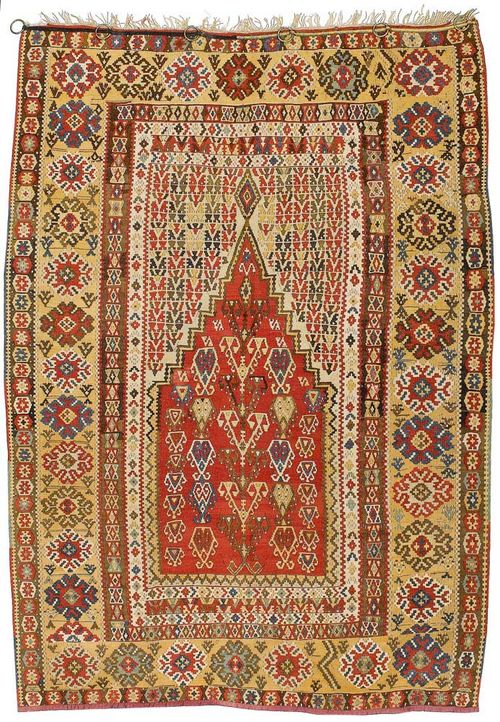 ANATOLIAN KELIM, PRAYER, antique.Red mihrab with light spandrels, the entire carpet is geometrically patterned, yellow border, good condition, 200x140 cm.