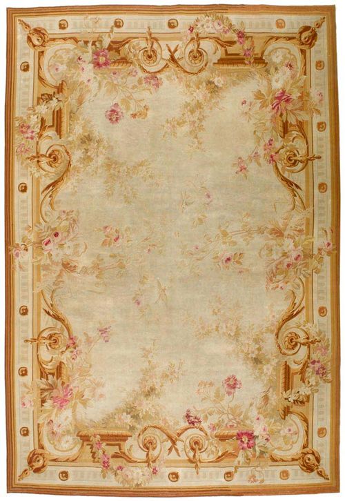 AUBUSSON antique.Beige ground, finely patterned with flower garlands in delicate pastel colours, restored, good condition, 375x255 cm.
