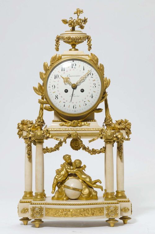 PORTAL CLOCK WITH DATE,Louis XVI, Paris ca. 1780. The dial signed "COURVOISIER À PARIS". Marble and gilt bronze. White enamel dial. Paris movement with 1/2-hour strike on bell. H 66 cm. Floral decor, slightly incomplete.