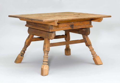 CHANGER TABLE,Baroque, in the style of the Alpine region, 18th century. Pinewood and beech. 115x107x73 cm. Bread drawer missing. Alterations.
