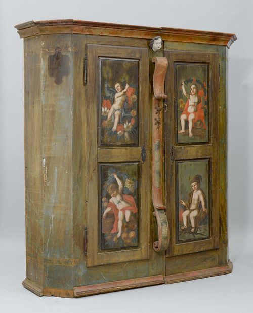 FOUR-SEASONS CUPBOARD, Austria, 18th century. Pinewood carved with flowers and angel’s head, painted green and marbled red. Depictions of the Four Seasons on the doors. 184x59x196 cm. Base area incomplete, probably associated.