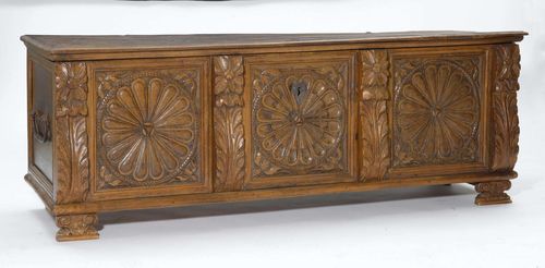 CHEST,Baroque, Switzerland. Carved walnut. Rectangular body with hinged lid. 174x60x64 cm.