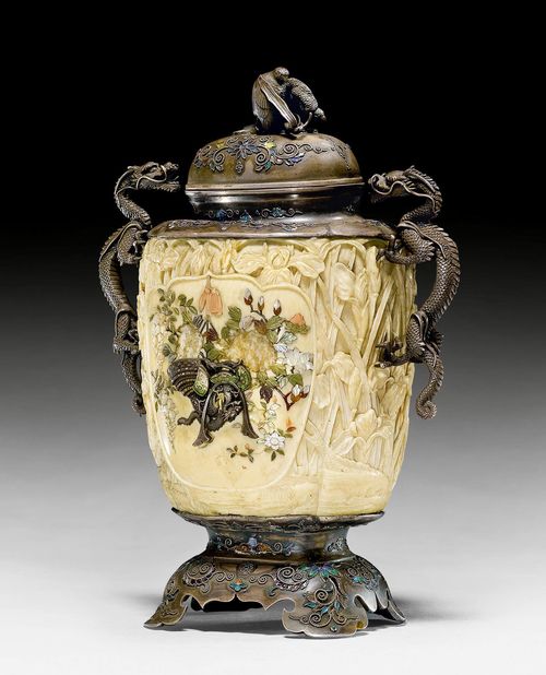 A FINE IVORY AND SILVER SHIBAYAMA VASE WITH COVER. Japan, Meiji period, height 19 cm. Signed. Some inlays lost.