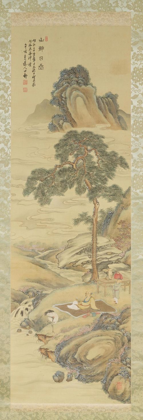 TANOMURA CHOKUNYÛ (1814-1907). Dat. Meji 37 (1905), 135x43 cm. Ink, colour on silk. Inscription, signed. Seal Chokunyû. Double wood box.