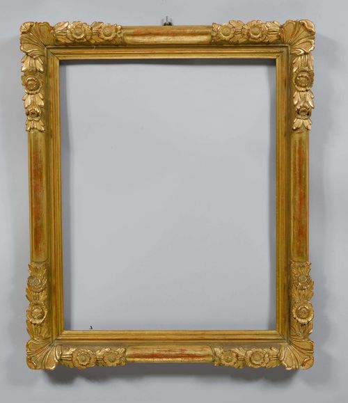 PICTURE FRAME,late Baroque, 19th century. Wood and stucco, gilt. Rectangular, with flower and leaf decoration. Dimensions 75x58.5 cm, 95x77.5 cm.