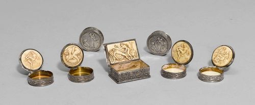 LOT OF 7 SMALL BOXES,silver and bone carved. 6 round and 1 rectangular. The walls with antiqued motifs. Inside: bone carvings with erotic depictions. D 3.4 and 4.8x3 cm.