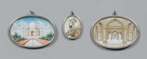 LOT OF 3 MINIATURES,India, ca. 1900. Mixed media on ivory. Oval.  Depiction of the Taj Mahal, Diwan-e-Khas and portrait of the Maharajah Shâh Jahân (1628-58). 8.7x12.4 and 8.3x4.8 cm.