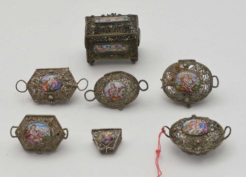 LOT OF 15 FILIGREE SILVER BOXES,from the Alpine region, 19th century. In different shapes with hinged cover. Open-worked, with enamel plaques and stones.
