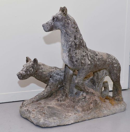 GROUP OF 2 DOGS, Burgundy, ca. 1900. Cut stone. Two dogs standing next to one another on a flat base. L 59, H 53 cm. Slightly weathered.