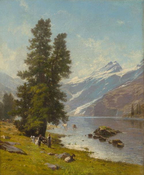 GEISSER, JOHANN JOSEPH (Altstetten 1824 - 1894 Lausanne) Shepherdess with animals at a mountain lake. Oil on canvas. Signed lower left: J. Geisser. 46.5 x 38.5 cm.