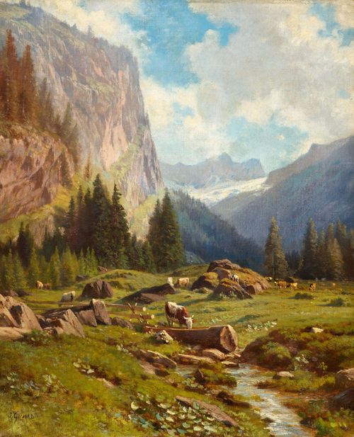 GEISSER, JOHANN JOSEPH (Altstetten 1824 - 1894 Lausanne) Idyllic mountain stream with cows. Oil on canvas. Signed lower left: J. Geisser. 46.5 x 38.5 cm.