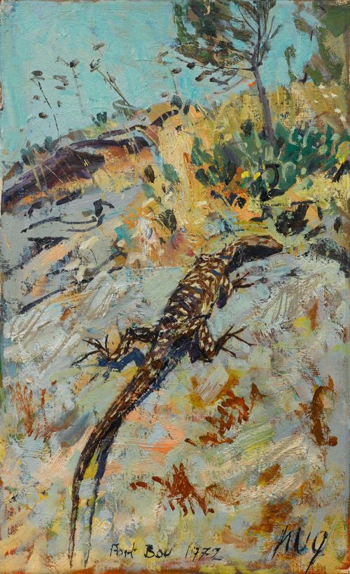 HUG, FRITZ (Dornach 1921 - 1989 Zurich) Lizard. 1972. Oil on canvas. Inscribed lower centre, unknown, dated and signed: 1972 hug. 46 x 28 cm.