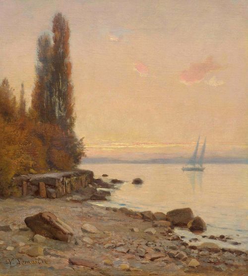 LEMAITRE, NATHANAËL (Luneray 1831 - 1897 Geneva) Shores of Lake Geneva. Oil on canvas. Signed lower left: N. Lemaitre. 33 x 29.5 cm.