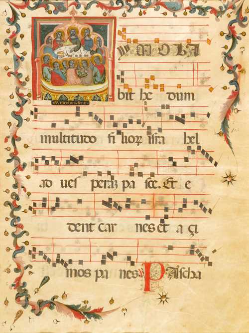 FRA JACOBUS Sheet from an antiphonary with a depiction of the Last Supper accompanying the text: Imolabit hedum... 2. Responsorium of the Corpus-Domini-festival. Veneto, ca.1390, vellum. 55.7 x 38.9 cm. Initial ca. 13 x 12.5 cm. 6 Tetragrams. Genuine gold frame. Provenance: New York, collection Robert Lehman (until 2004) Hamburg, collection J&#246;rn G&#252;nther (2004) Swiss private collection(since 2005) Bibliography: Seymour De Ricci (assisted by William J. Wilson); Census of Medieval and Renaissance Manuscripts in the United States and Canada, New York 1927, p. 1709 No A.37 Pia Palladino, Treasures of a lost Art. Italian manuscript Painting of the Middle Ages and Renaissance, New Haven/London 2003, p. 32