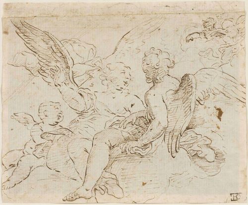 MATTEIS, PAOLO DE (Cilento 1662 - 1728 Naples) Angel and putti on clouds. Verso: Saint with putti. Brown pen, black chalk. Verso squared with black chalk. 19.7 x 23.7 cm. Framed.