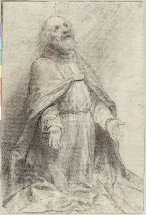ITALIAN SCHOOL, 18TH CENTURY Old man kneeling in a gesture of worship. Black chalk, Red chalk . Inscribed verso: Marco Benefial, Romano 34 x 23.3 cm. Framed. Provenance: - unknown collector's stamp ACCN, verso, not in Lugt