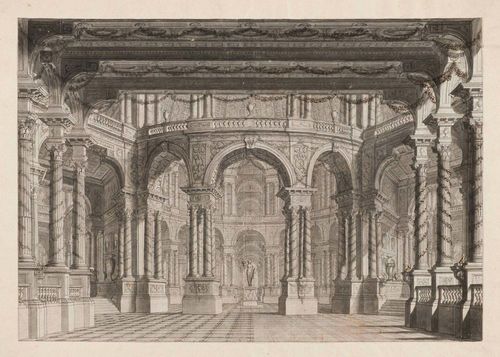 Attributed to BIBIENA, GIUSEPPE GALLI (Parma 1696 - 1757 Berlin) Ideal view of a hall of columns. Grey and black pen, with grey wash. 27.7 x 39.8 cm.