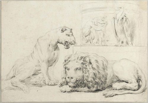 SABATELLI, LUIGI (Florence 1772 - 1850 Milan) Study sheet with lion, lioness, nymphs and vulture. Black chalk. 27 x 45 cm.