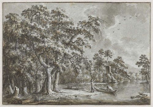 DUTCH SCHOOL, 18TH CENTURY River landscape with woodland and fishing boat. Pen and brush in grey, with grey and brown wash, heightened in white. On blue wove paper. Monogrammed on lower left edge of picture in black pen: M: N: f. 17 x 24 cm.