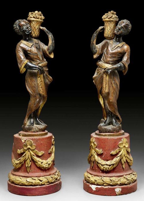 PAIR OF SMALL PAINTED MOOR SCULPTURES,Louis XV, Venice, 18th century. Carved and polychrome painted wood. H 52 cm. Provenance: - Palazzo Serristori, Florence. -West Swiss castle collection.