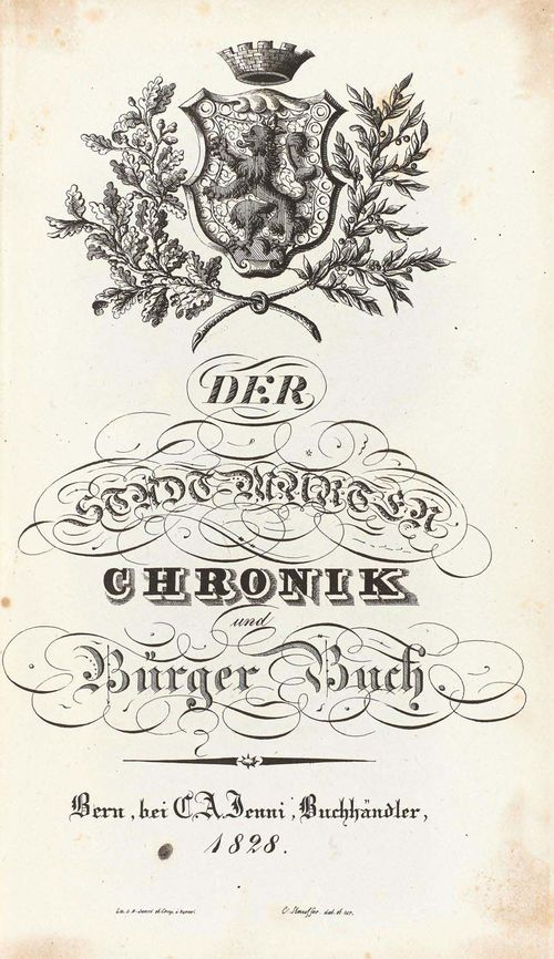 - Murten - Engelhard, Johann Friedrich Ludwig. Der Stadt Murten Chronik und Bürgerbuch. Bern, Chr. A. Jenni, 1828. Lith. title and frontisp., [4] ff., 392 pp. With 5 (4 folded.) lith. plates with coat of arms of Morat. Marbled half leather with gilt spine and green spine label. (rubbed and worn). 8°. Not in Lonchamp.- Very good copy, very slightly stained on the first pages, last plates with minimal tears in the margins.