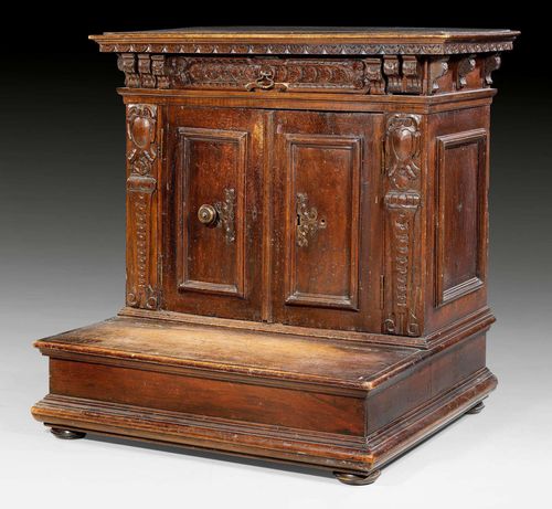 PRIE-DIEU,early Baroque, central Italy, 17th century. Shaped and carved walnut. Iron mounts. Restorations and alterations One door knob missing. 81x66x81.5 cm. Provenance: Baron Kuhlmann-Stumm collection in Schloss Ramholz, Germany.