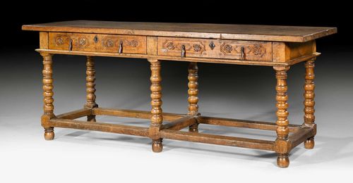 WALNUT REFECTORY TABLE,early Baroque, Spain, 17th/18th century. Front with 2 adjacent drawers. Iron mounts and drop handles. 215x74x86 cm.