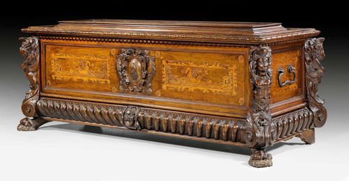 COFFER,known as a "cassone", Renaissance, Northern Italy, 17th century. Richly carved walnut with inlays. Iron lock. Restorations. 182x68x68 cm. Provenance: Baron Kuhlmann-Stumm collection in Schloss Ramholz, Germany.