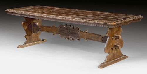 LONG REFECTORY TABLE,Renaissance, central Italy, 16th/17th century. Shaped and carved walnut. Alterations and some losses. 284x88x85 cm. Provenance: Baron Kuhlmann-Stumm collection in Schloss Ramholz, Germany.