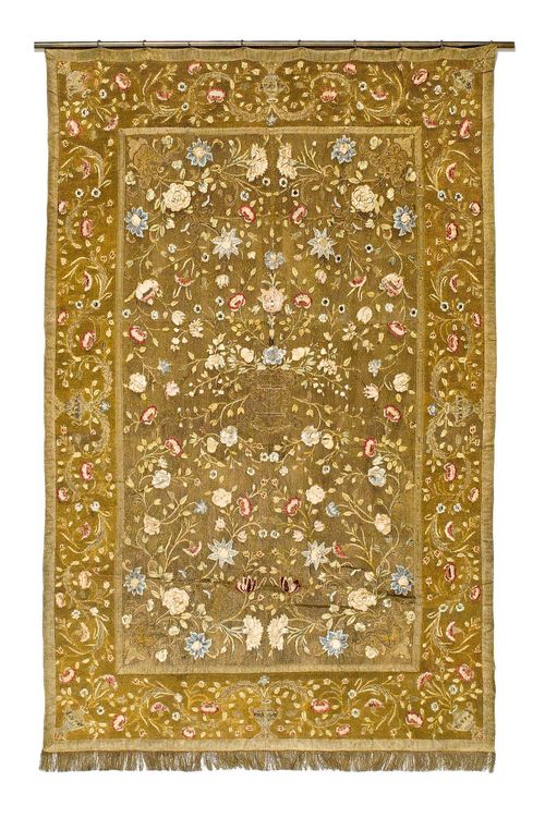WALL EMBROIDERY, Baroque, probably southern Italy, 18th/19th century. Fine polychrome embroidery with gold and silver threads. H 205 cm, W 145 cm.
