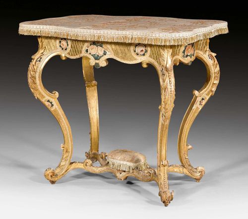 PAINTED SEWING TABLE,late Baroque, probably northern Italy, 18th/19th century. Finely carved, gilt and parcel polychrome painted wood. Top lined with delicate gold embroidery. Front with 1 drawer with compartments and pincushion. 81x57.5x74 cm. Provenance: Baron Kuhlmann-Stumm collection in Schloss Ramholz, Germany.