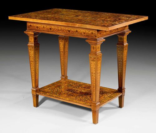 CENTER TABLE,Baroque, the top and under tier probably former panels from a cabinet, the frame later, probably Augsburg. Walnut, burlwood, maple and local fruitwoods in veneer with exceptionally rich inlays.  98x63x80.
